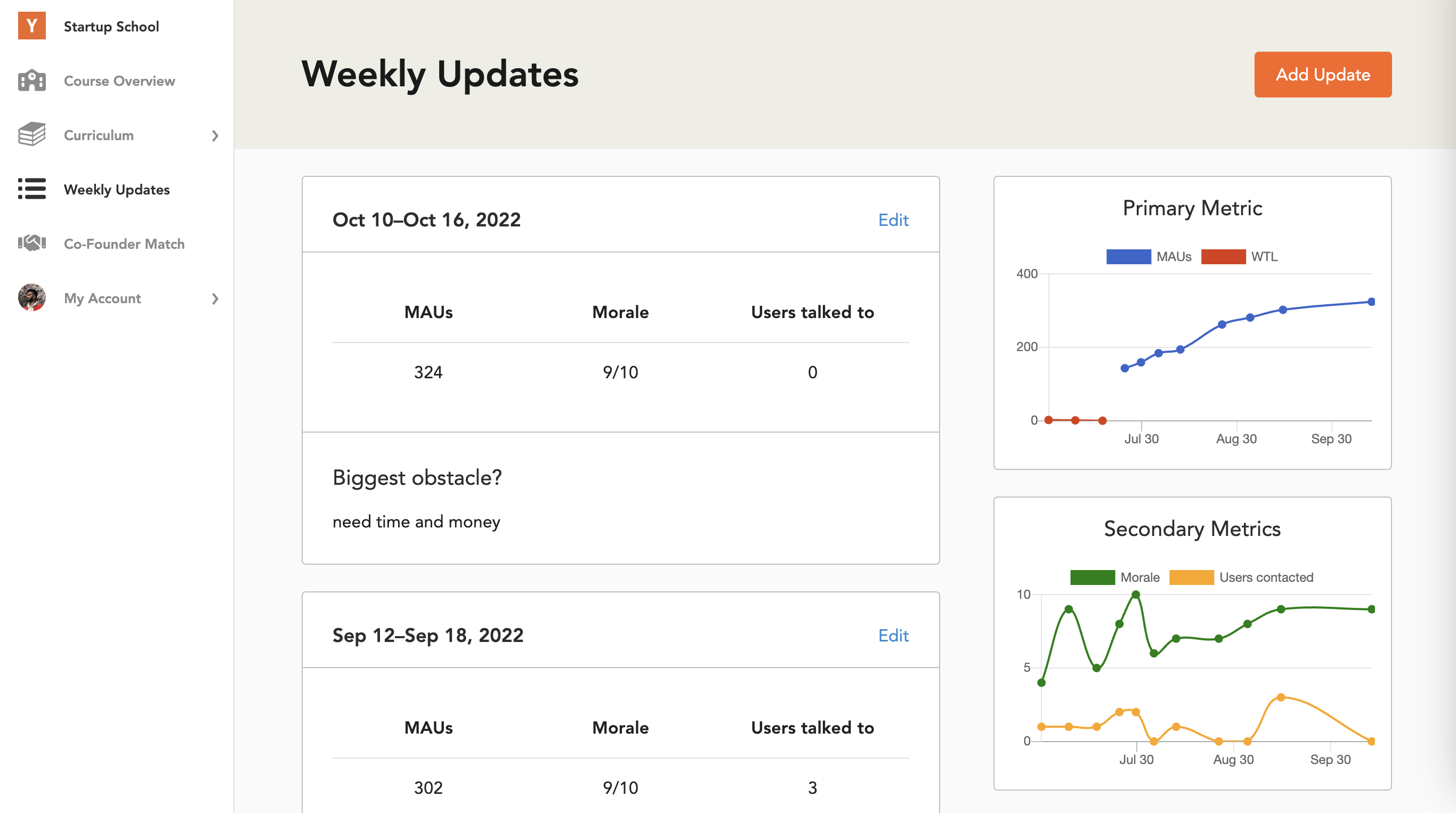 Startup School Weekly Update (Metrics)